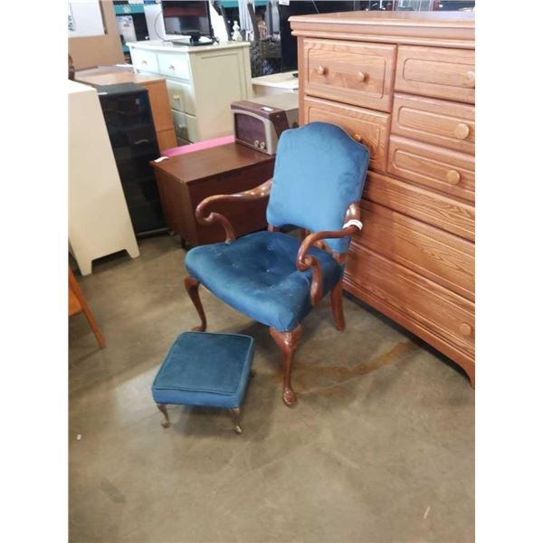 VINTAGE WOOD ARM CHAIR AND FOOTSTOOL