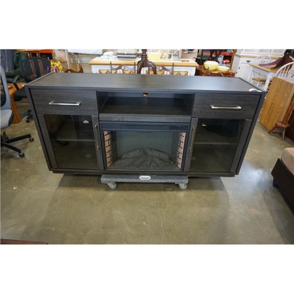 GREY MODERN SIDEBOARD WITH BUILT IN ELECTRIC FIREPLACE - 69 INCHES WIDE X 18 DEEP X 33.5 TALL