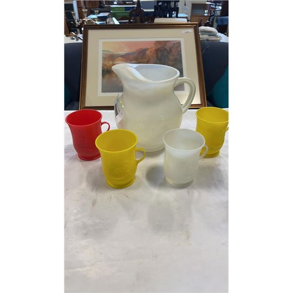 VINTAGE 1980S KOOL AID JUG AND 4 GLASSES