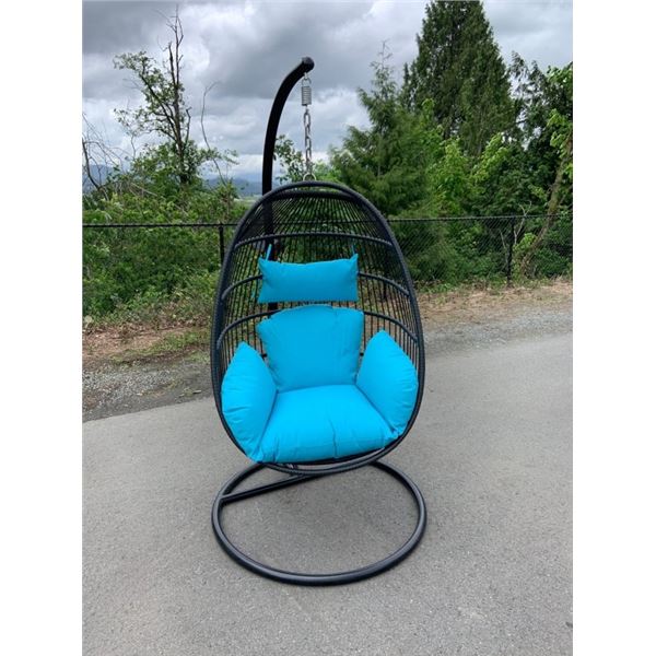 BRAND NEW BLUE SINGLE HANGING EGG CHAIR - RETAIL $949 W/ NECK PILLOW, FOLDABLE FRAME, POWDER COATED 