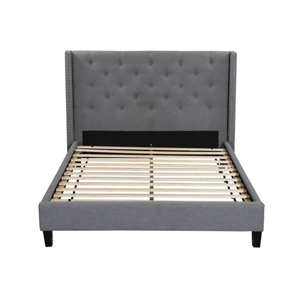 BRAND NEW QUEENSIZE "MEGAN" GREY FABRIC BEDFRAME - RETAIL $999