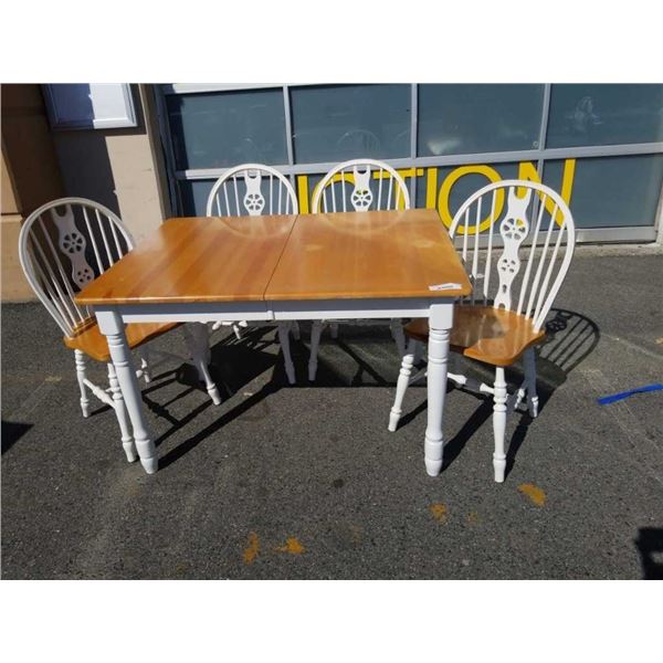 MAPLE AND WHITE DINING TABLE WITH LEAF AND 4 CHAIRS - 4 X 3 FOOT X 29 INCHES TALL WITH 12 INCH LEAF