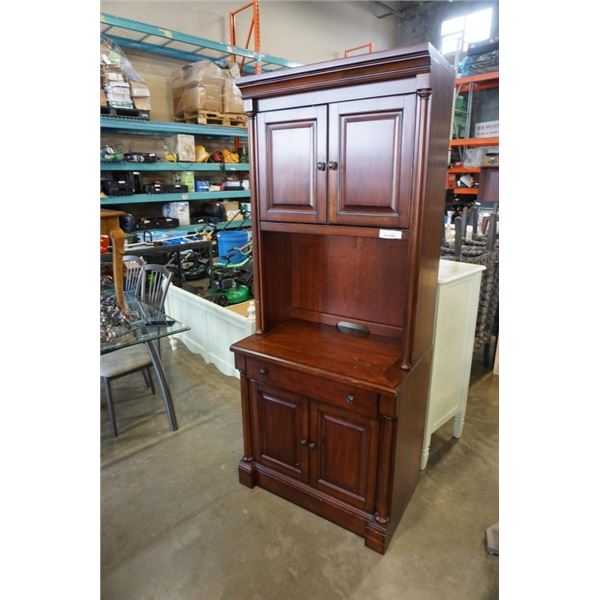 2 PIECE MAHOGANY FINISH CABINET WITH DOORS - 32 INCHES WIDE X 21 DEEP X 77 TALL