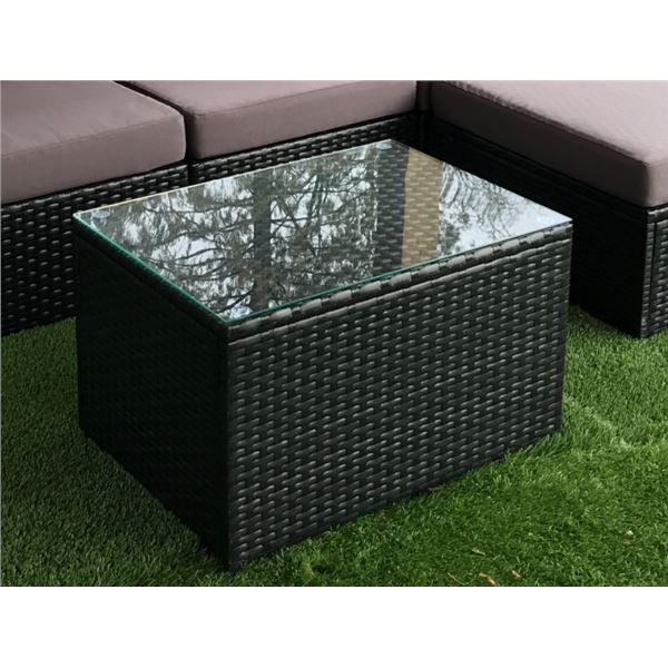 BRAND NEW RATTAN AND GLASS TOP PATIO COFFEE TABLE RETAIL $159   28" X 20" X 17"