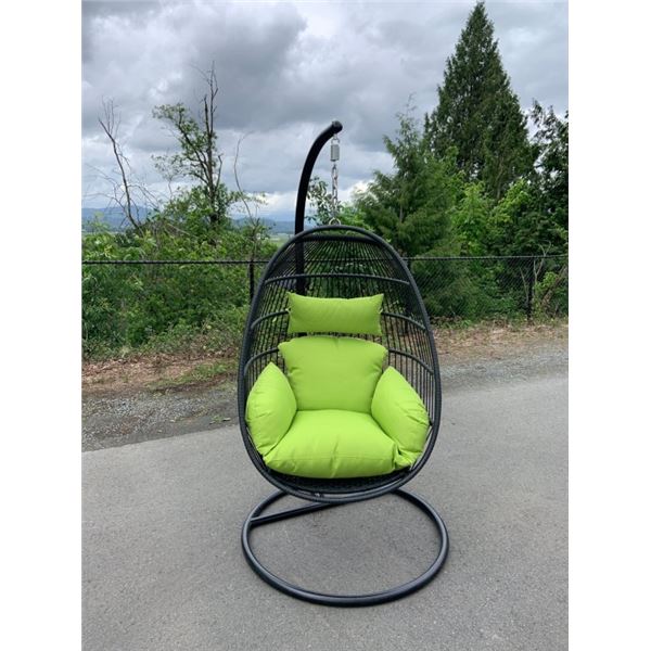 BRAND NEW GREEN SINGLE HANGING EGG CHAIR - RETAIL $949 W/ NECK PILLOW, FOLDABLE FRAME, POWDER COATED