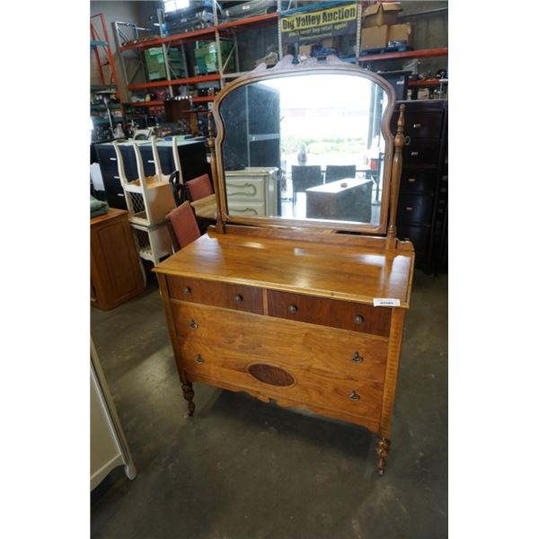 ANTIQUE 4 DRAWER DRESSER ON CASTORS WITH SILVERED MIRROR - 44 INCHES WIDE X 20.5 DEEP X 70 TALL