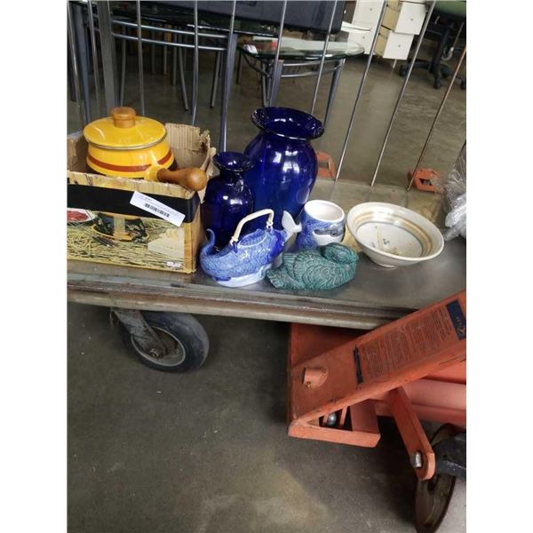 Cobalt glass vases whale jug and lidded fish jar with japanses cooker