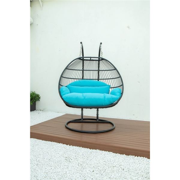 BRAND NEW BLUE DOUBLE HANGING EGG CHAIR - RETAIL $1969 W/ FOLDABLE FRAME, POWDER COATED STEEL FRAME,
