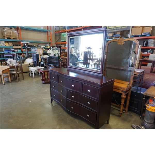 Modern mahogany 7 drawer dresser with mirror - 68 inches wide, 20 deep, 79.5 tall