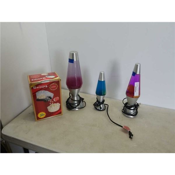 3 lava lamps and popcorn maker