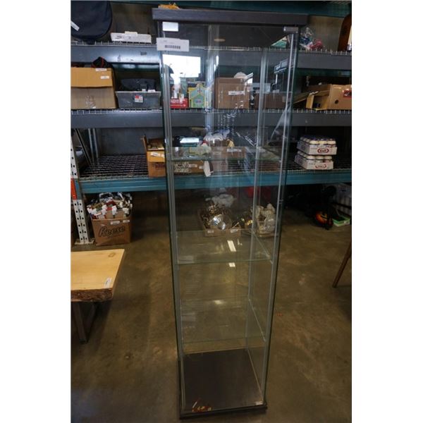 GLASS DISPLAY CABINET - 17 INCHES WIDE X 14.5 DEEP X 64.5 TALL