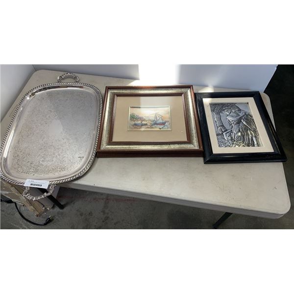 Framed silver boat scene, family scene and Marlboro plate tray