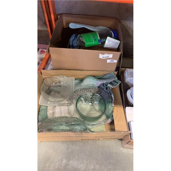 2 BOXES OF BATH MATS, RUG, GLASS BOWLS, ESTATE GOODS AND PURSES