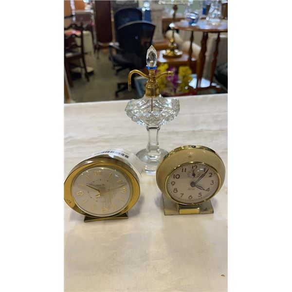 2 ANTIQUE BABY BEN CLOCKS AND ATOMISER