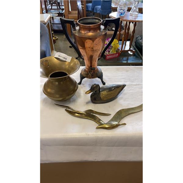 BRASS DECOR, DUCK, SPITOON, AND COPPER URN - NO LID