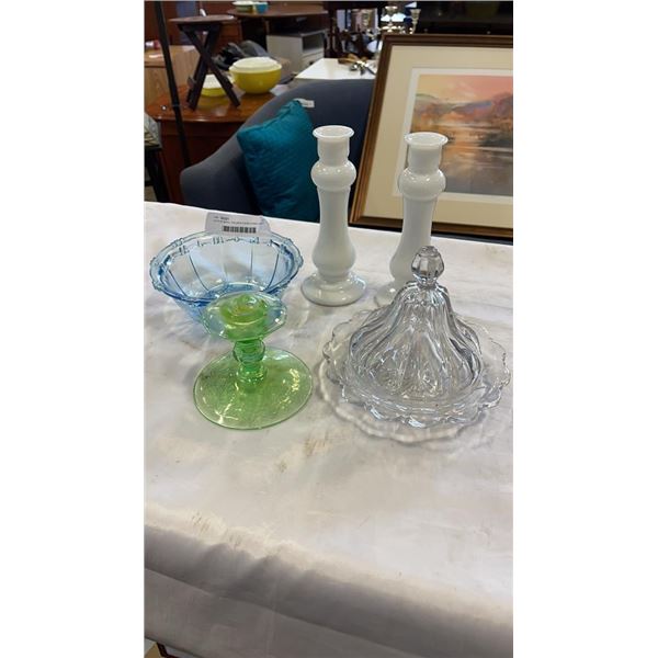 Lot of art glass, milk glass candle holders and lidded jar