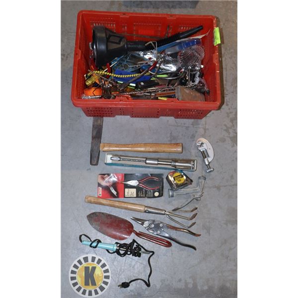 BOX OF ASSORTED TOOLS WITH SMALL  AXE