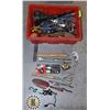 Image 1 : BOX OF ASSORTED TOOLS WITH SMALL  AXE