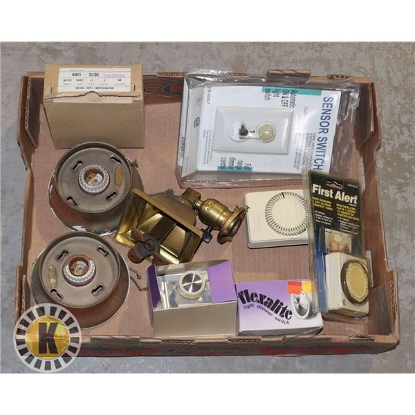 FLAT OF ANTIQUE LIGHT FIXTURES AND TIMERS