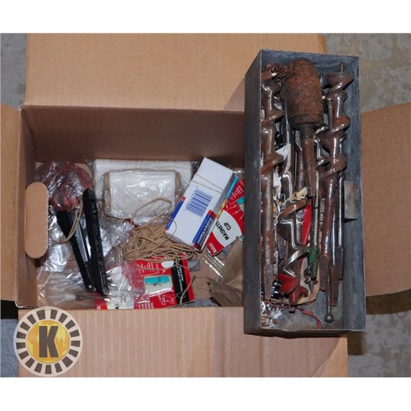 BOX OF ASSORTED ITEMS WITH INDUSTRIAL DRILL BITS