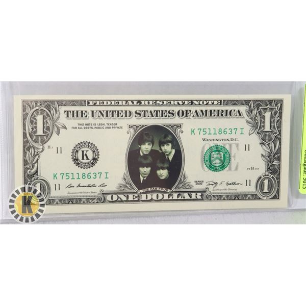 2009 GENUINE USA $1 NOTE WITH BEATLES THEME,
