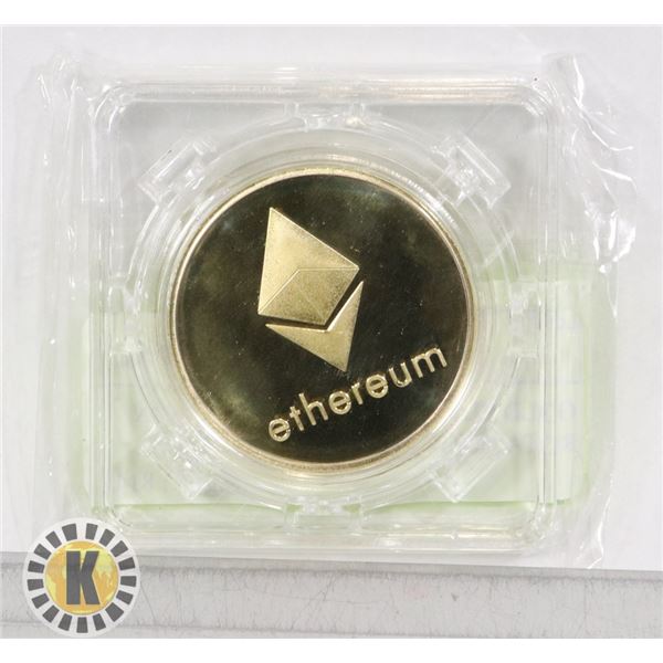 GOLD PLATED ETHEREUM COIN IN ROTATING CASE