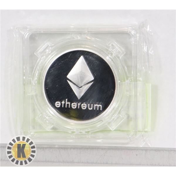 SILVER PLATED ETHEREUM COIN IN ROTATING CASE