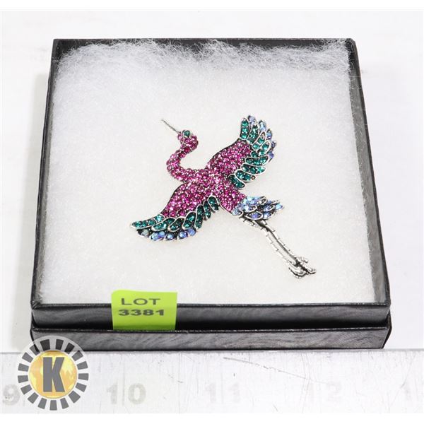 FLYING FLAMINGO RHINESTONE BROOCH