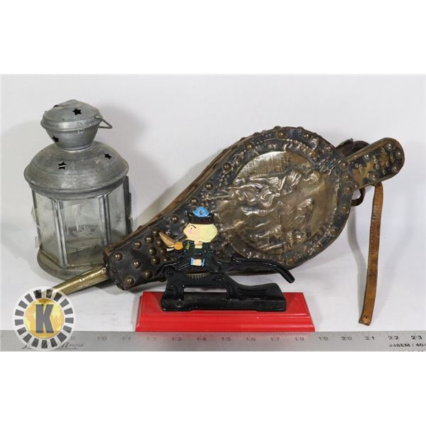 ANTIQUE BRASS BELLOWS, LANTERN AND NUTCRACKER