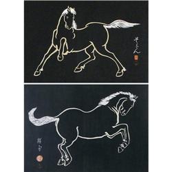 Pair Japanese Woodblocks, Horses