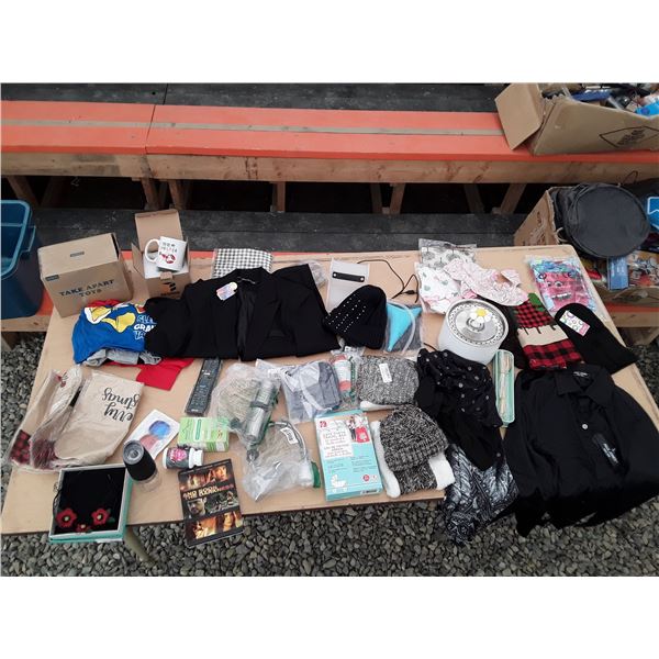 1 Box New Misc Household Items Ladies Dress Jacket, Toques, Kids Mickey Mouse Shirts And More