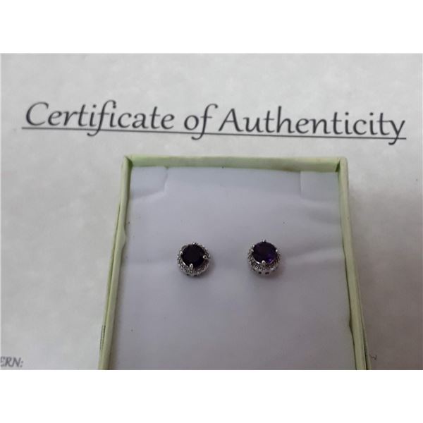 Amethyst + Diamond Earrings In 925 Silver With Platinum Overlay, 6mm Round Cut Amethyst, Suggested V