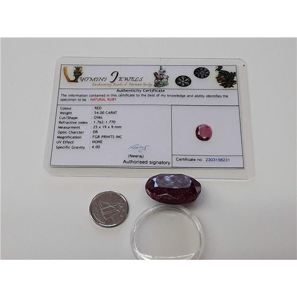 Large Authentic 54 Carat Natural Ruby Gemstone With Certificate - Oval Cut