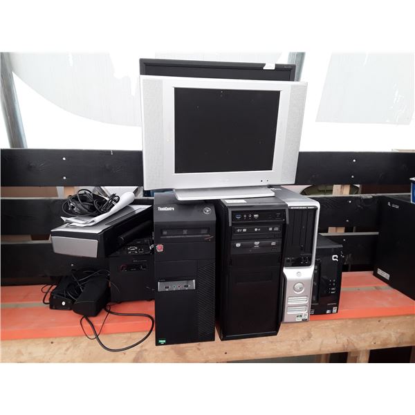 415 --  Box lot of 4 desktop computers two monitors and more