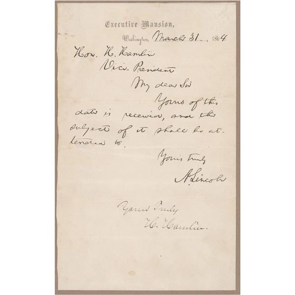 Abraham Lincoln Autograph Letter Signed to Vice President Hannibal Hamlin
