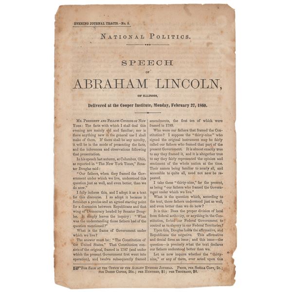 Abraham Lincoln 1860 Albany Evening Journal Pamphlet with Cooper Union Speech