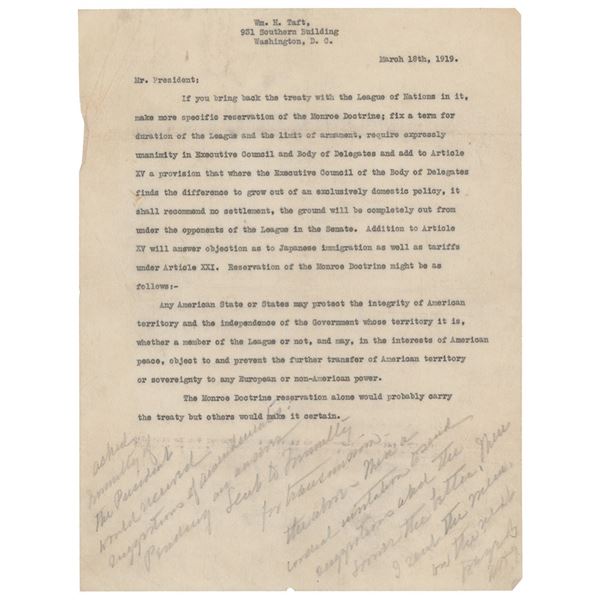 William H. Taft Correspondence Lot to Woodrow Wilson: (2) Typed Letters with Handwritten Notes and a