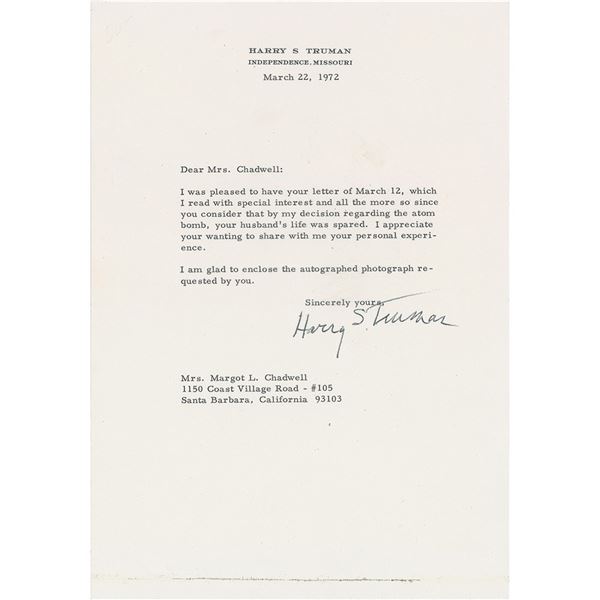 Harry S. Truman Signed Photograph and Typed Letter Signed