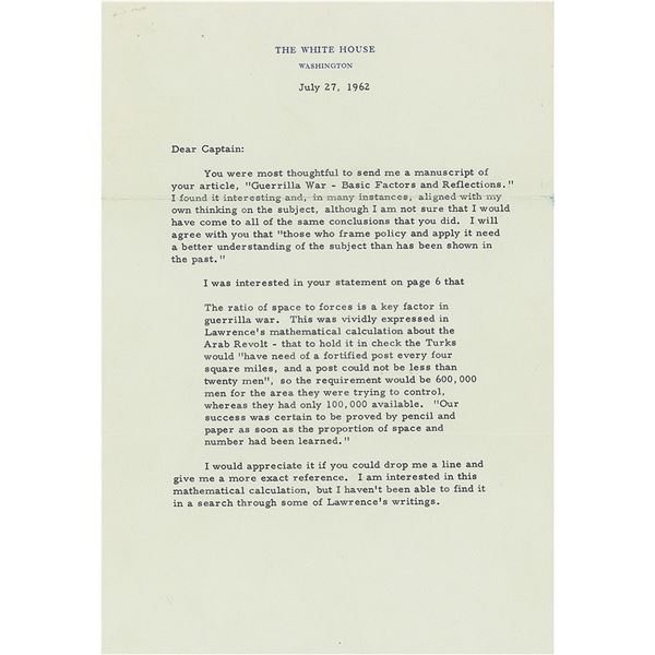 John F. Kennedy 1962 Typed Letter Signed as President on Guerilla War