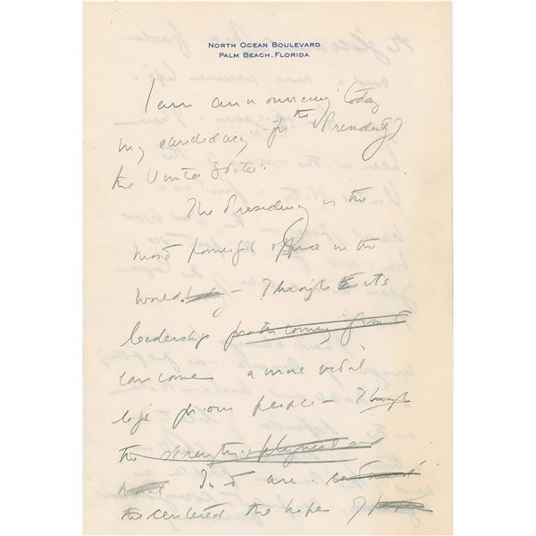 John F. Kennedy Historic 3-Page Handwritten Draft for his Speech Announcing his Intention to Run for