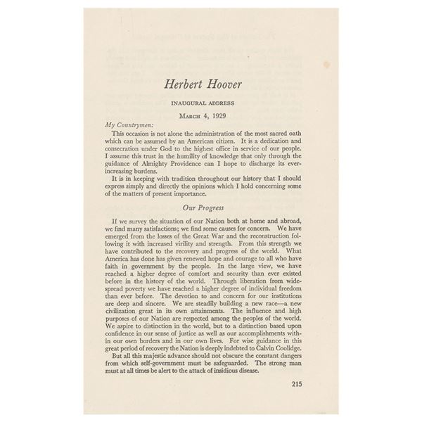 Herbert Hoover Signed Inaugural Address