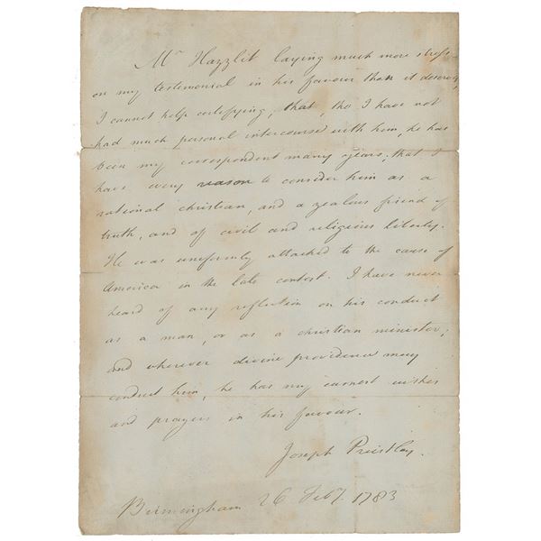 Joseph Priestley Autograph Letter Signed