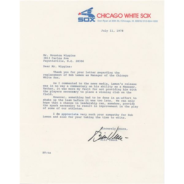 Bill Veeck Typed Letter Signed