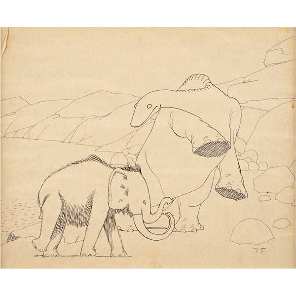 Gertie and Jumbo the Mastodon production drawing from Gertie the Dinosaur