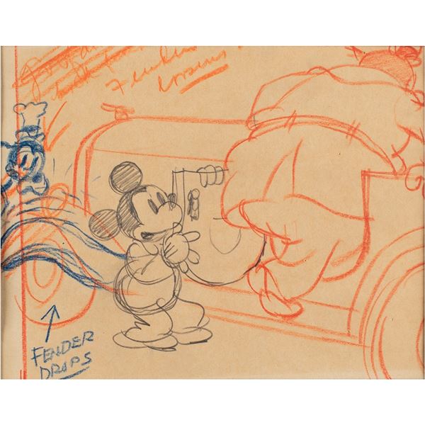 Mickey Mouse, Goofy, and Peg Leg Pete production storyboard drawing from Mickey's Service Station