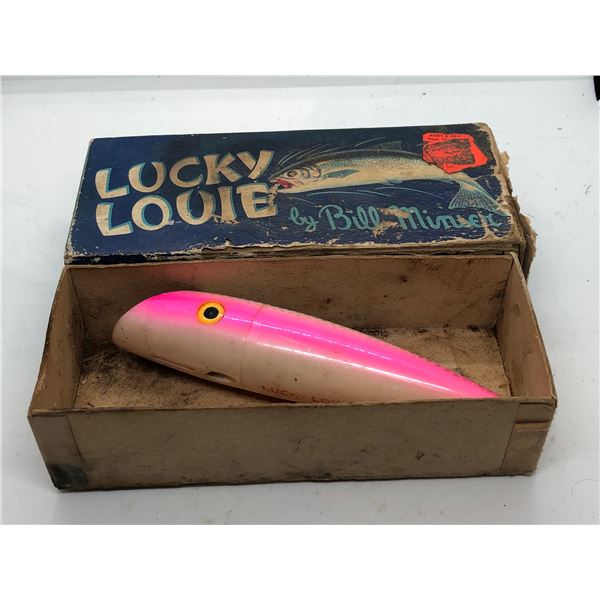 Vintage lucky louie by Bill Minser "pearl pink" 5 1/2" fishing plug w/orginal box