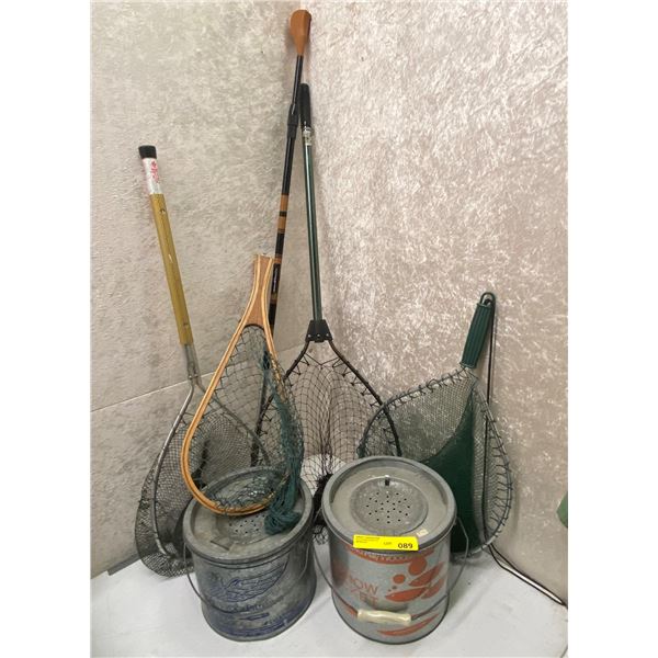 Group of 4 assorted trout nets & 2 minnow buckets