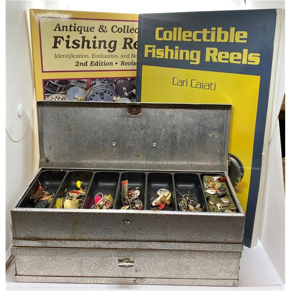 Two Umco aluminium fishing lure boxes filled with assorted spoons & lures & two collectable fishing 