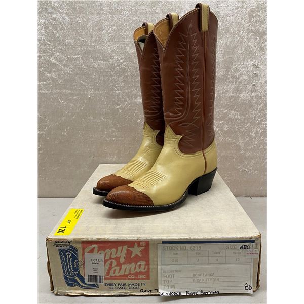 Pair of Tony Lama rust toe/upper bone bottom cowboy boots size 8 (NOS)