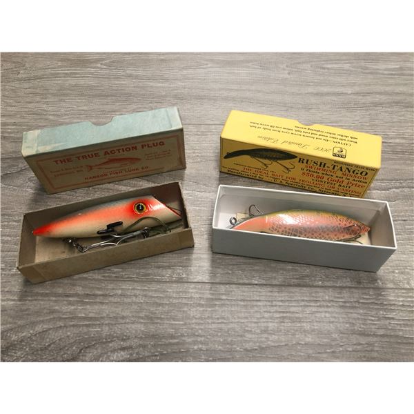 2 Vintage lures w/ original box - true action plug by Hadsion fish lure company & rush - tango by US